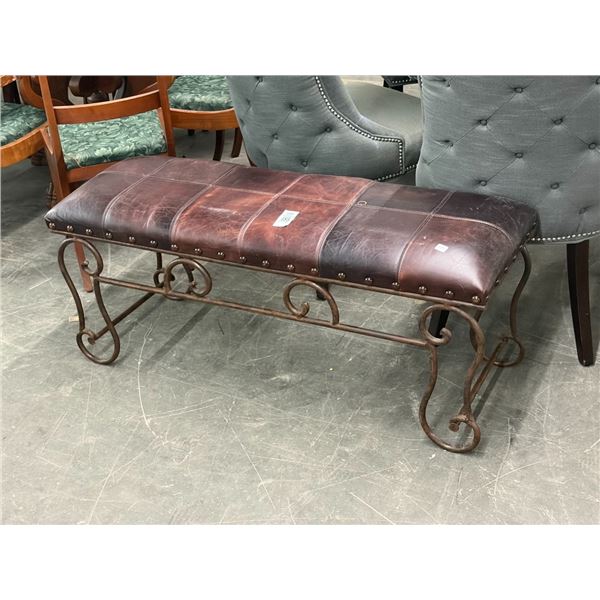 Ornate Iron Base w/Saddle Leather Top Hall Bench