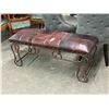 Image 1 : Ornate Iron Base w/Saddle Leather Top Hall Bench