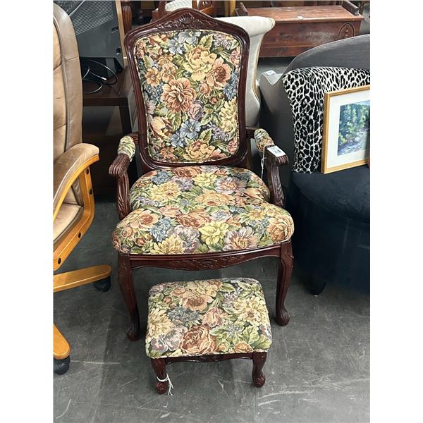 French Provincial Floral Needlepoint Armchair w/Matching Foot Stool
