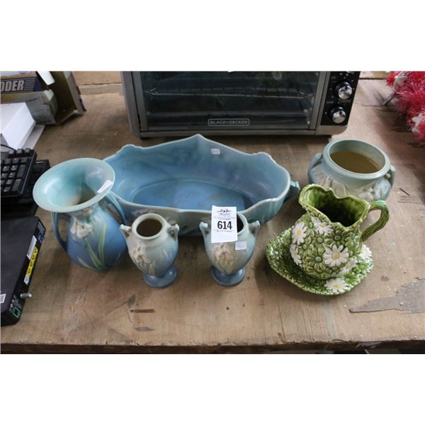 Roseville/Glazed Pottery w/Floral Pitcher, Dish