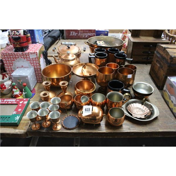 Asst. Copper Candlesticks, Piggy Bank, Mugs, Kettle Pot, Collendar, Owl Décor