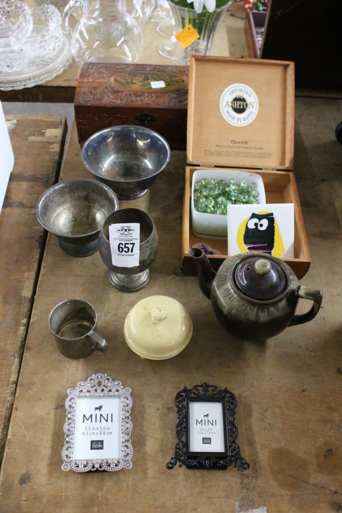 Wooden Storage Boxes, Marbles, Mini Photo Frames, Pictures, Silverplate