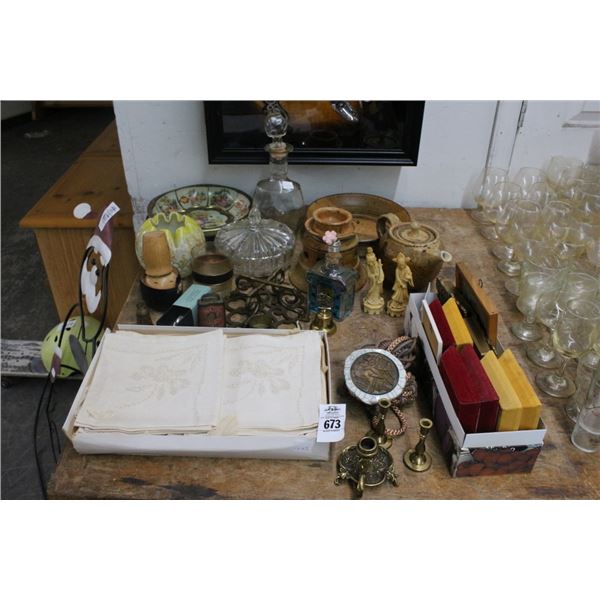 Small Framed Art, Cast Brass Candlestands, Linens, Decanter, Lidded Bowl, Décor
