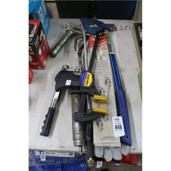 Grease Guns, Wood Clamps, Axe, Appliance Rollers