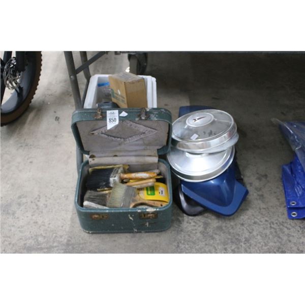 Paint Brushes, Vintage Oldsmobile Hubcaps, Hardware in Cooler