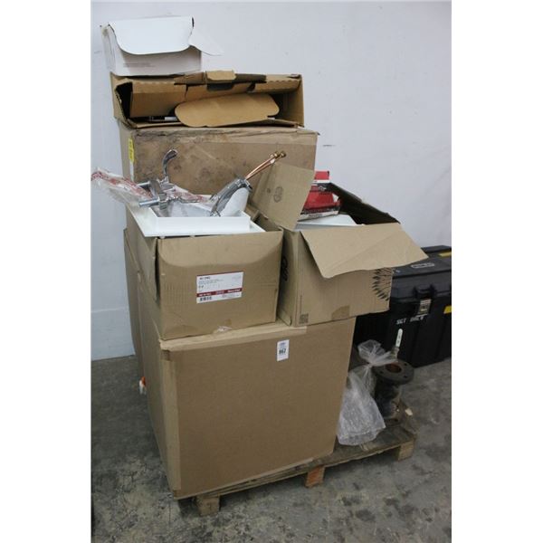Pallet w/Plumbing Hardware, Strainer Debris Basins