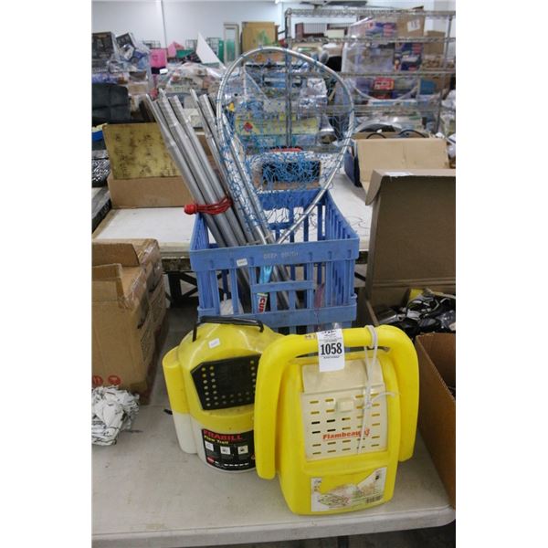 Bait Buckets, Basket w/Fish Net, Stakes