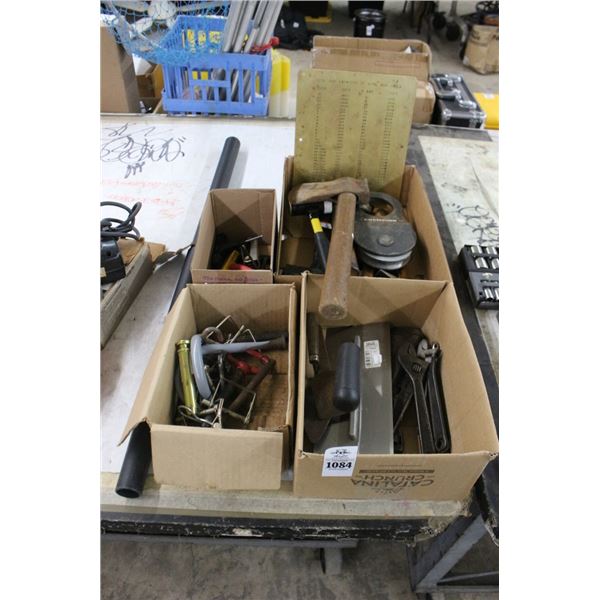 Boxes  4 w/Hatchet, Sledge Hammers, Wrenches, Hex Tools, More
