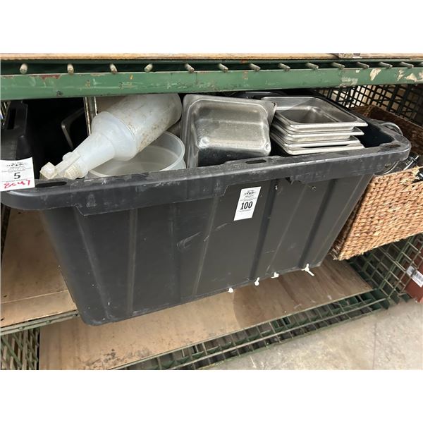 Large Bin/Basket w/Glass Bottles, Insert Pans, Tenderizers, Supplies