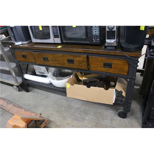 Metal w/Dark Oak Rolling  6'  Island w/3 Drawers/Undershelf