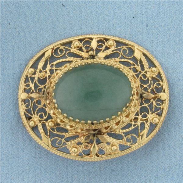 Vintage Designer Jade Filigree Pendant or Pin in 14K Yellow Gold