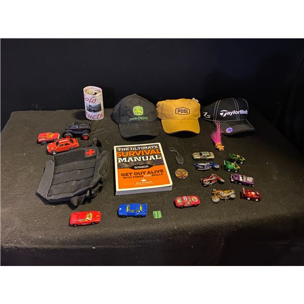 Die cast cars, survival manual, baseball caps and more
