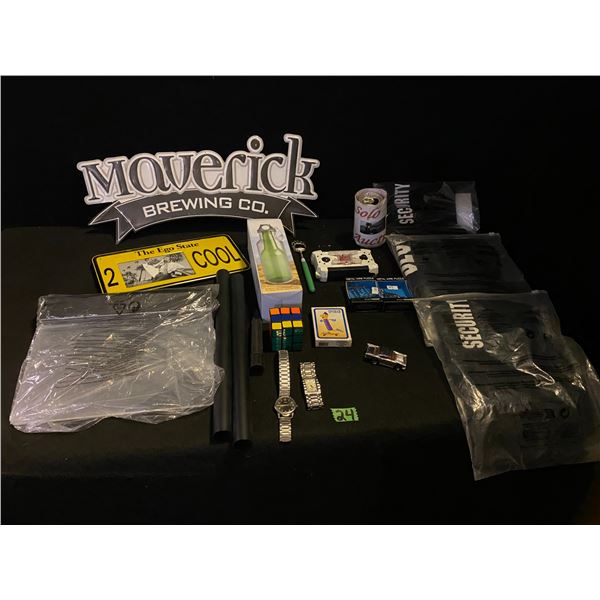 Assorted lot of items including Maverick Beer sign, Rubik's cube, wrist watches, security t-shirts a