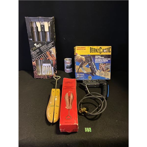 Set of grilling tools, wood shoe stretcher, portable paint stripper