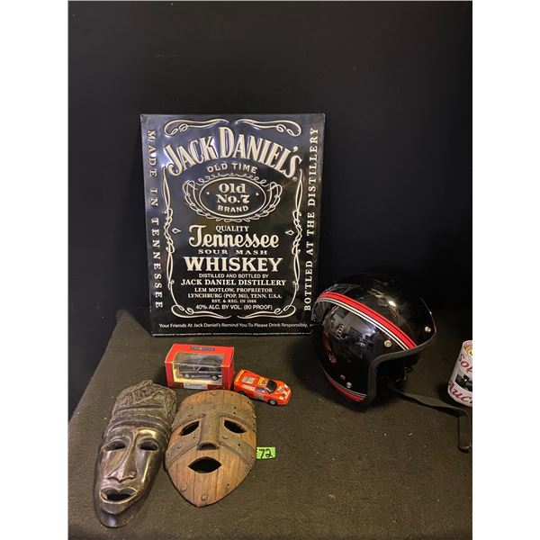 Jack Daniels wall sign, die cast cars and wall masks, helmet