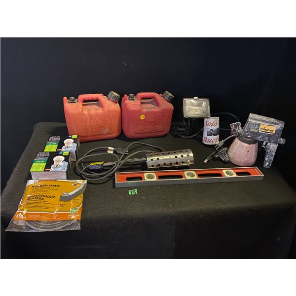 Jerry cans and assorted hand tools