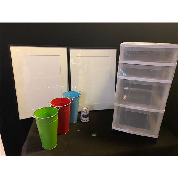 Picture frames, storage buckets and storage shelf with drawers
