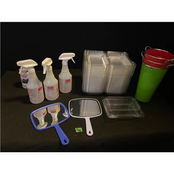 Food containers, spray bottles, hand mirrors, storage buckets