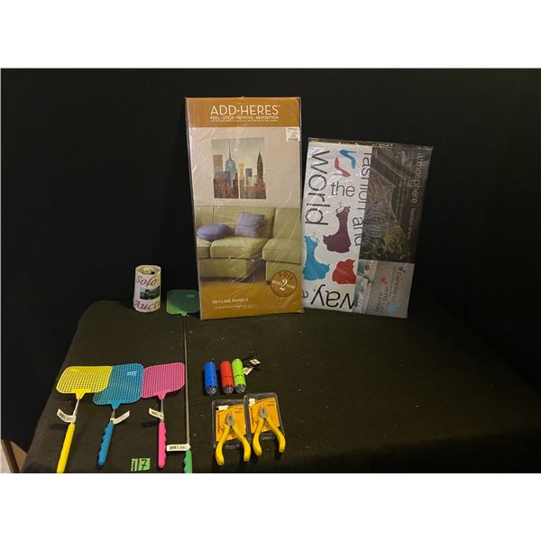 Lot of new gift shop items including removable wall art, fly swatter, pliers and more