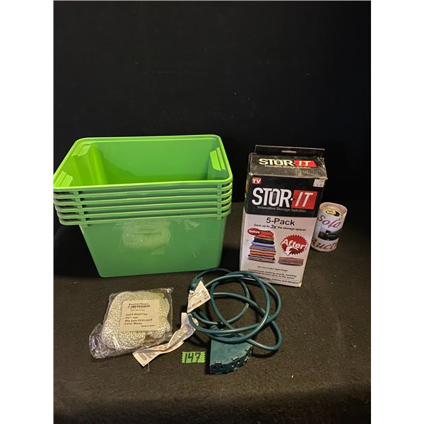 Storage bins, vacuum bags for clothing, rope and extension cord