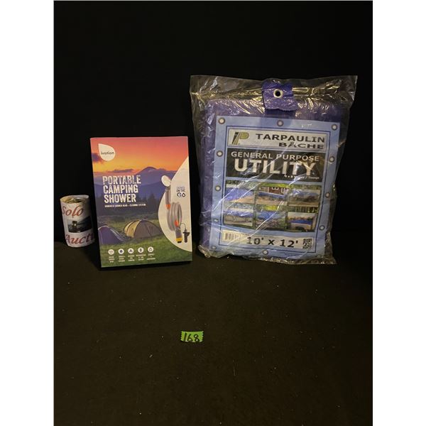 Portable camping shower, 10 ft x 12 ft tarp
