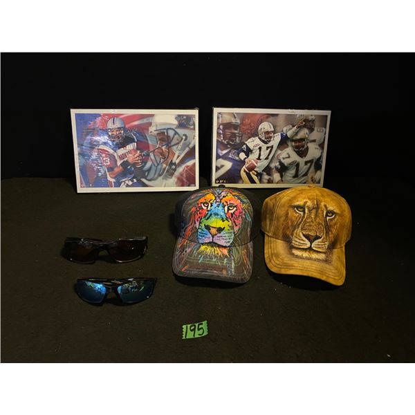 Football wall art, baseball caps, sunglasses