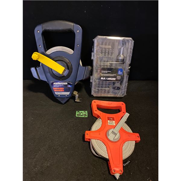 Maximum impact- ready drill screw driver bit set, 2 large measuring tapes