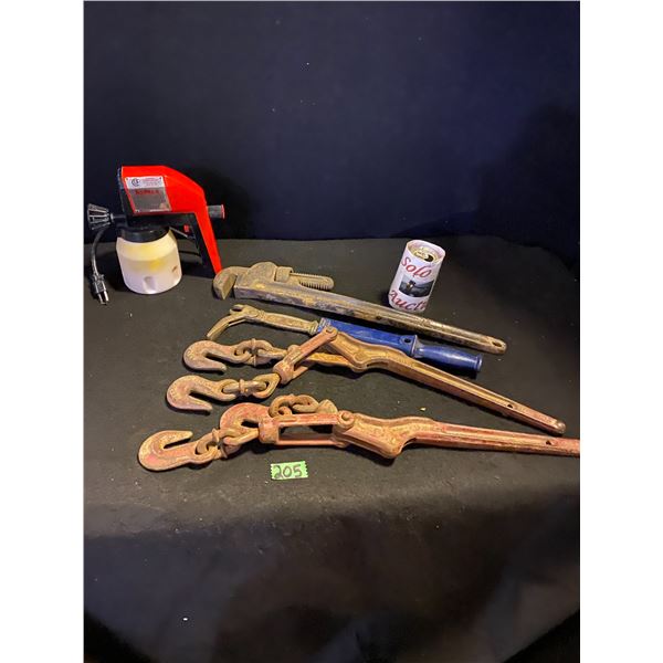 Heavy duty lever-type chain binders (snap binders), paint sprayer and pipe wrench