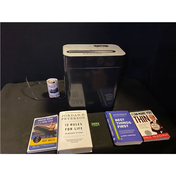 Electric paper shredder, 4 paperback books