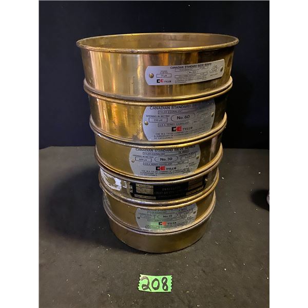Vintage brass test sieves made by CE Tyler for laboratory particle separation and sizing