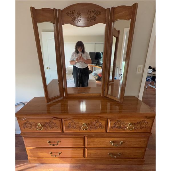 Ideal Quality Dresser with Carved Floral Details and Tri-Fold Mirror