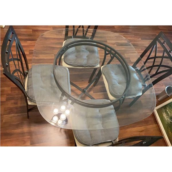 Glass Top Dining Table With Four Metal Chairs And Cushions
