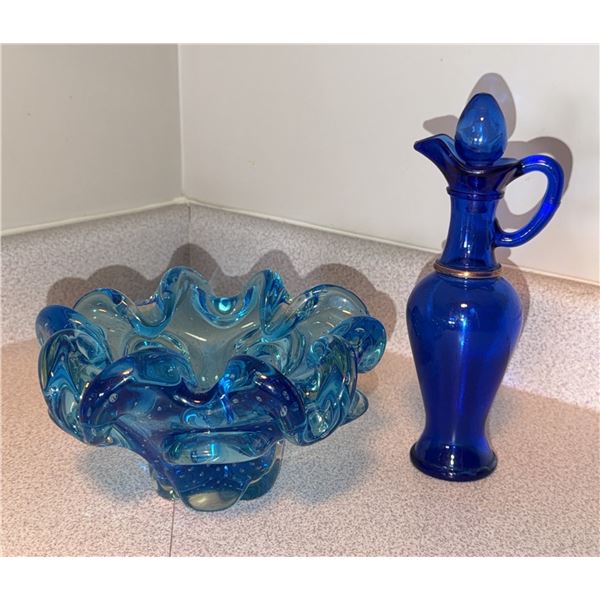 Blue Art Glass Ruffled Bowl and Avon Blue Glass Decanter