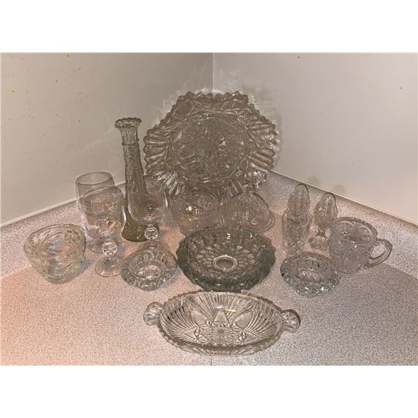 Pressed Glass Tableware Assortment Including Plates, Bowls, and Serving Pieces
