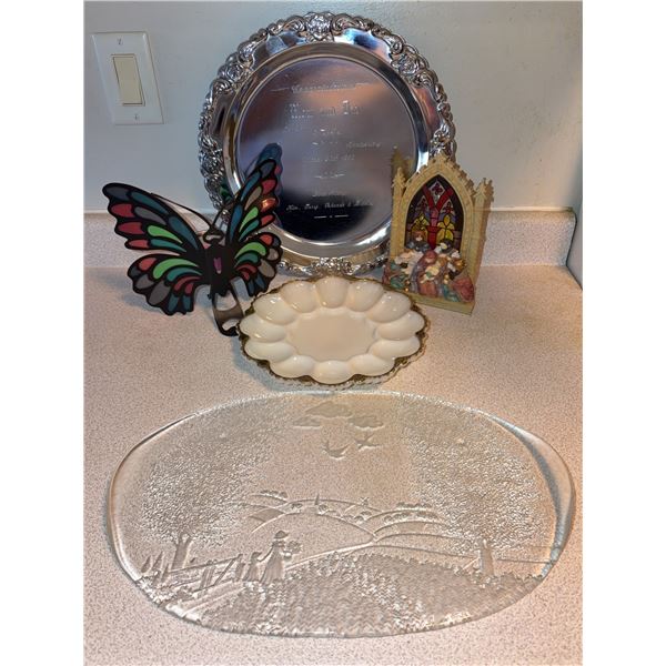 Decorative Lot: Embossed Glass Platter, Milk Glass Egg Plate, Candle Holders, and Engraved Tray