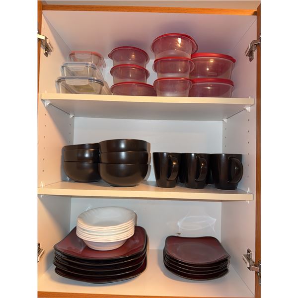 Gibson Elite Black and Red Dinnerware Set with Corelle Bowls and Food Storage Containers