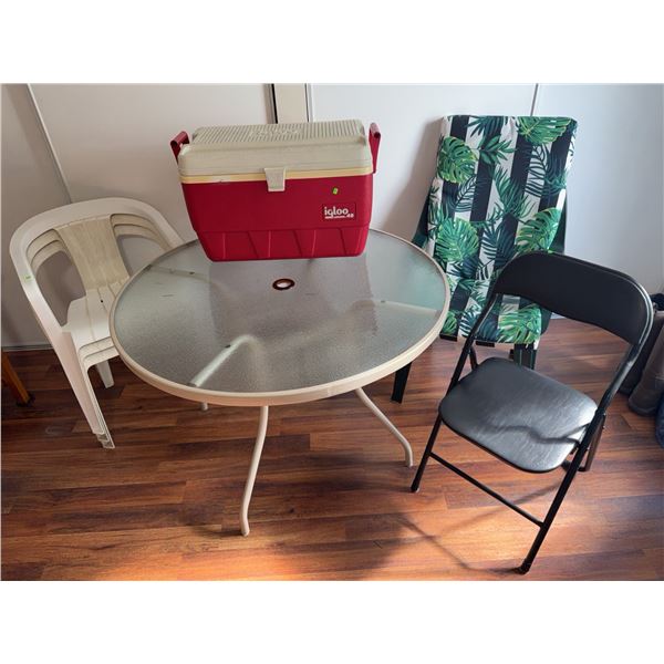 Patio Set with Metal and Glass Table, Chairs, and Igloo Cooler