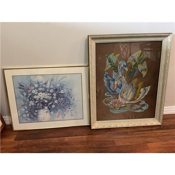 Framed Wall Art: Floral Print And Swans Textile
