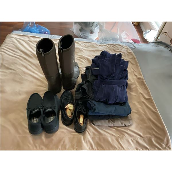Men's Clothing and Footwear Lot: Jeans, Pants, Sweatpants, Bathrobe, Shoes and Boots