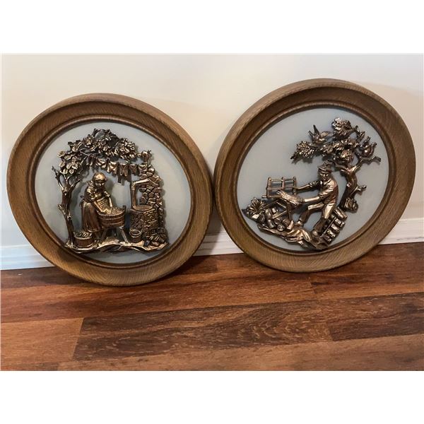 Relief Wall Plaques With Country Life Scenes, Wood Frames