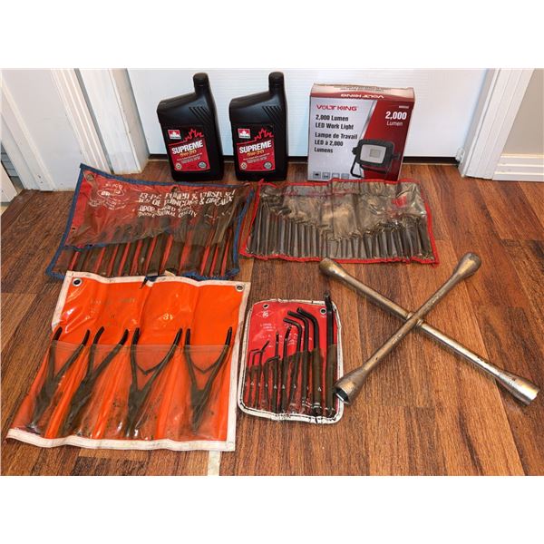 Automotive Tool Lot With Wheel Wrench, Chisel Set, Key Sets, Pliers, Oil, Work Light
