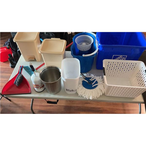 Cleaning Supplies Including Brand New Mop, Bins, Bucket, and Accessories