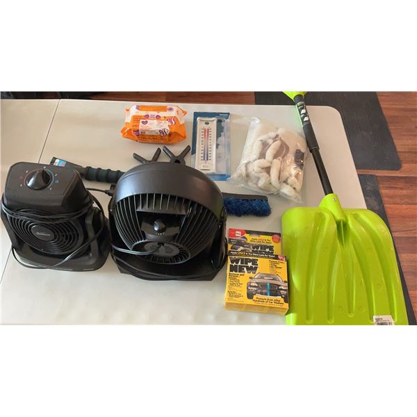 Household Lot: Fans, Snow Shovel, Floor Mats, Cleaning Supplies