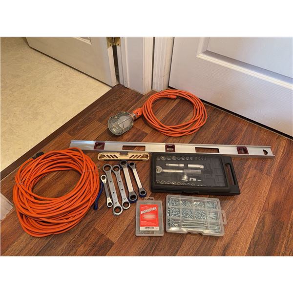 Tools With 50ft Extension Cord, 16ft Work Light, and Fasteners
