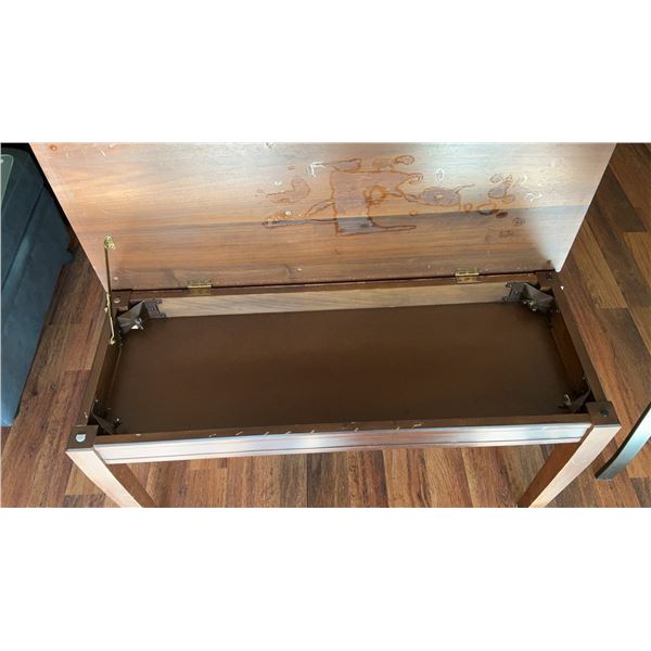 Storage Bench, Two Upholstered Stools, and Side Table