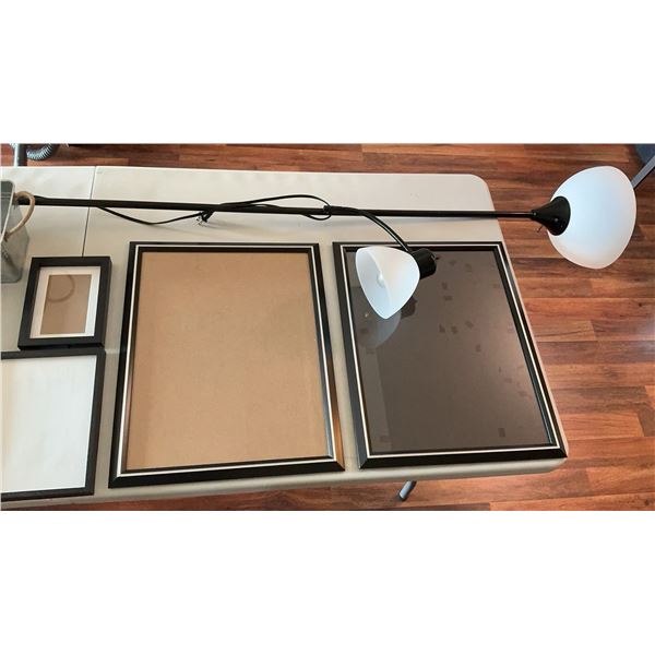 Empty Picture Frames, Two-Light Floor Lamp, Large Planter, Metal Container