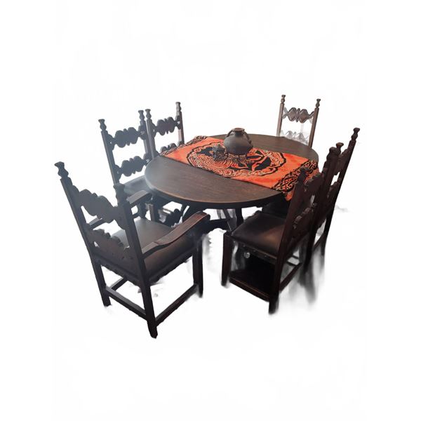 Spanish Revival Dining Table With Four Matching Chairs, Wood and Faux Leather