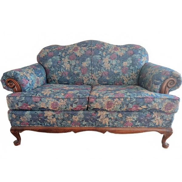 Broyhill Blue Floral Upholstered Loveseat with Wood Trim