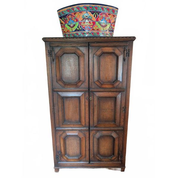 Solid Oak Wardrobe Armoire with Ornate Front Panels and Brass Hardware
