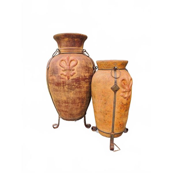 Hecho en Mexico Terracotta Floor Vases with Iron Stands
